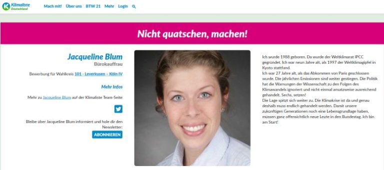Klimaliste – Direktkandidatin Jacqueline Blum – Nicht quatschen, machen!