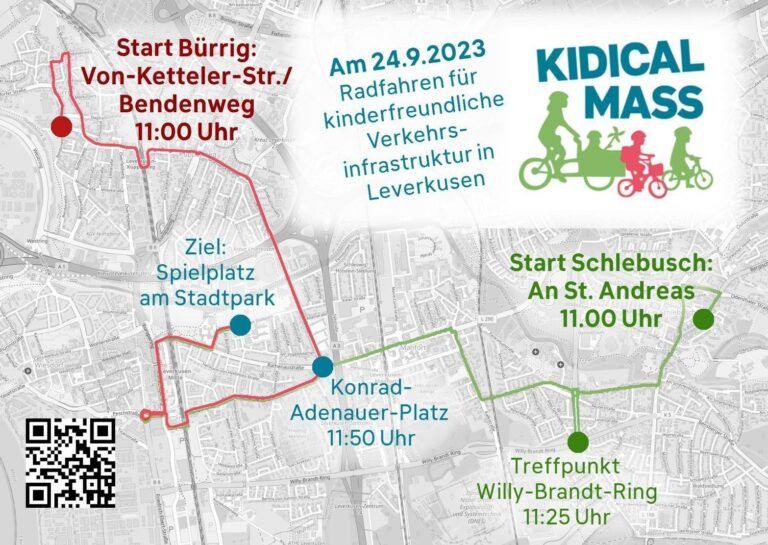 24.09.2023 – 11h Kidical Mass – „Straßen sind für alle da“ & „Radfahren für kinderfreundliche Verkehrsinfrastruktur in LEVerkusen“