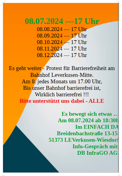 von rechts oben nach links unten in kräftig Orange verlaufendes Dreieck mit runder Unterkante, ein dunkelblaues Dreieck, links unten und der restliche Din-A4 Bogen hellgrau. 2024-07-08---17h_Protest für Barrierefreiheit am Bahnhof Leverkusen-Mitte. Bitte unterstützt uns dabei - ALLE. Danach Info-Veranstaltung im EINFACH DA